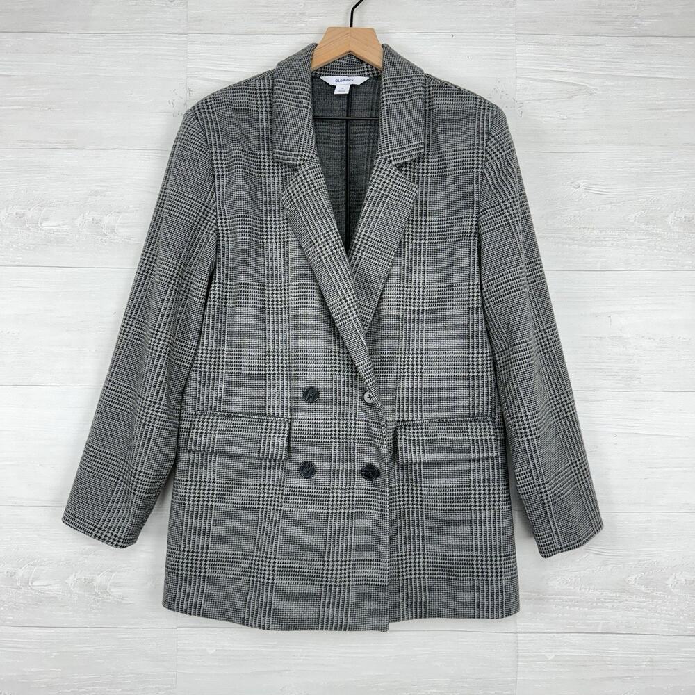 Old Navy Wool-like Double Breasted Blazer Women M Plaid Houndstooth Gray Office‎